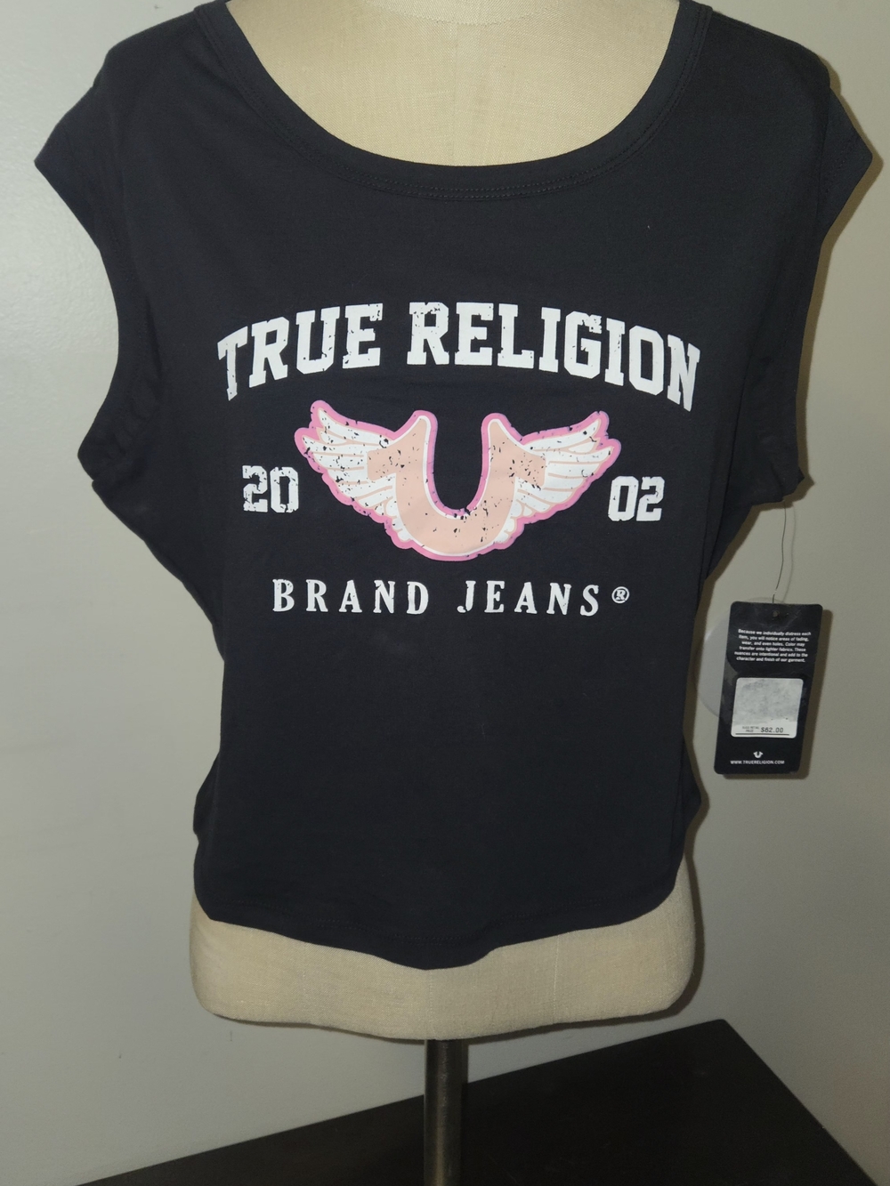 Nwt True Religion Black & Pink Graphic Logo Cropped T-shirt Junior's Large